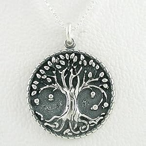 Detailed Round Sterling Silver Tree of Life Pendant on 16" Box Chain, #8529