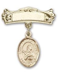 Gold Filled Baby Badge with St. Francis Xavier Charm and Arched Polished Badge Pin