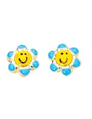 14K Yellow Gold Blue & Yellow Sun Flower Like w/ Happy Face Children Earring