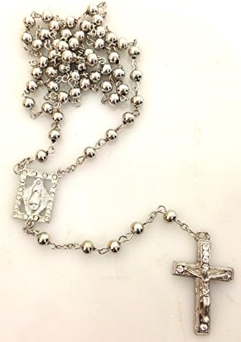 Metal Rosary Cross Necklace w/ 8mm beads in Black, Red, Blue, Silver (Grey)