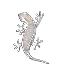 Sterling Silver White Lab Opal Gecko Lizard Pendant and Necklace