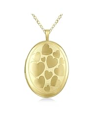 Oval Shaped Locket Style Pendant Necklace With Hearts Design For Women 14K Yellow Gold Vermeil