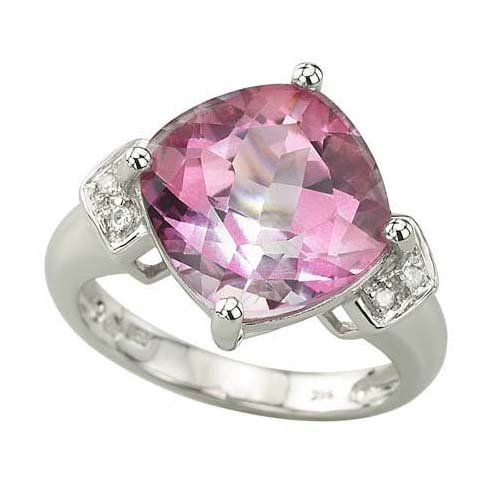 14K White Gold 0.05 ct. Diamond and 7 3/4 ct. Cushion Cut Pink Topaz Fashion Ring