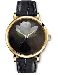 SPRAWL Aanalog Fashion Series Gold Ladies Watches of Genuine Black Leather Strap,Unique Wrist Watch for Women Girls Designed with white flower