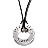 Sterling Silver Hope Dream Believe Open Circle Pendant on Black Cord Necklace