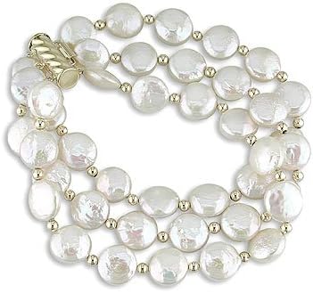 Pearl Esence Yellow-Gold 3 Strand White Cultured Freshwater Coin Pearl Bracelet