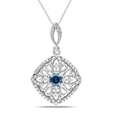 10K White Gold, Blue and White Diamond Drop Pendant with Chain, (.5 cttw, GH Color, I2-I3 Clarity), 17