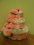 Faux Flower with Design Ribbon Baby Girl 3 Layer Diaper Cake (flower bunches - poof flower) or Shower Centerpiece - Comes Decoratively Wrapped Making it a Great Gift - Other Gift Options Also Available