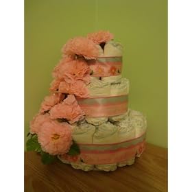 Faux Flower with Design Ribbon Baby Girl 3 Layer Diaper Cake (flower bunches - poof flower) or Shower Centerpiece - Comes Decoratively Wrapped Making it a Great Gift - Other Gift Options Also Available