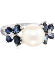 10k White Gold Sapphire, Freshwater Cultured Pearl and Diamond Ring (0.03 cttw GH, Color, I2-I3 Clarity), Size 6