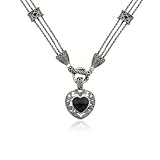 Sterling Silver Black Onyx and Marcasite Heart Oxidized Necklace, 16