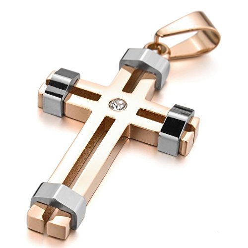 Men's Stainless Steel Pendant Necklace CZ Silver Tone Rose Gold Cross -with 23 inch Chain