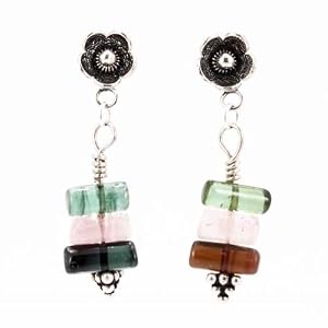 Tourmaline Gemstone Bead Dangle Earrings on a Sterling Silver Flower Post, #7455