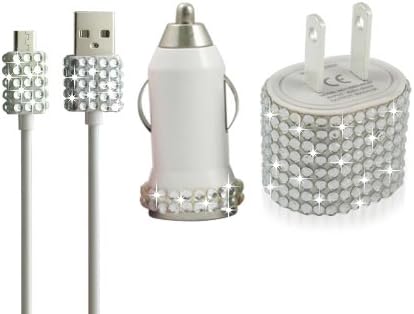 Bling Rhinestone Glitter Micro USB Samsung Motorola HTC Android Blackberry Droid Nexus Travel Charger Set (White)