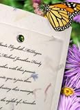 Wedding Invitations Kit: Handmade Bouquet Petal Paper and Tsavorite Green Crystal Brad