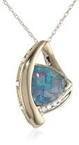 Hot Sale 10k Yellow Gold Trillion Cut Created Mosaic Opal and Diamond Pendant, 18"