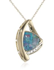 10k Yellow Gold Trillion Cut Created Mosaic Opal and Diamond Pendant, 18"