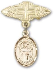 14K Gold Baby Badge with St. Casimir of Poland Charm and Badge Pin with Cross