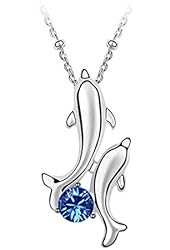 White Gold Plated Happy Play Dolphins with Round Swarovski Cubic Zirconia Crystal Necklace Fashion Jewelry for Women