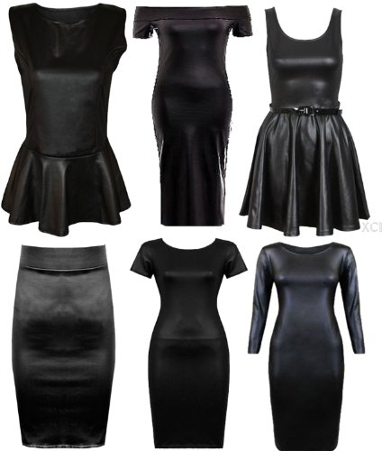 New Plus Size Black Shiny Wet Look Peplum Skater Midi Dresses 8-22