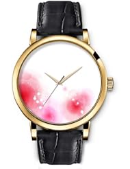 SPRAWL Aanalog Fashion Series Gold Ladies Watches of Genuine Black Leather Strap,Unique Wrist Watch for Women Girls Designed with White circles and pink spots