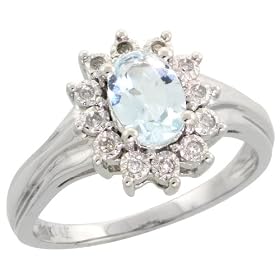 14ct White Gold Cluster Stone Ring, w/ 0.05 Carat Brilliant Cut Diamonds & 0.66 Carat Oval Cut (7x5mm) Aquamarine Stone, 1/2" (12mm) wide, Size L