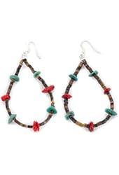 Large $90 Retail Tag Authentic Dangle Made by Charlene Little .925 Sterling Silver Natural Kingman Turquoise Heishi Coral Hoop Native American Earrings