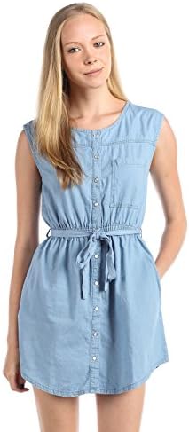 Women's Sleeveless Round Neck Button Down Belted Chambray Mini Dress M Light Blue Denim