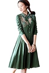 Pleated Vintage Embroidered Cotton/Linen  Shirt Midi Dress 