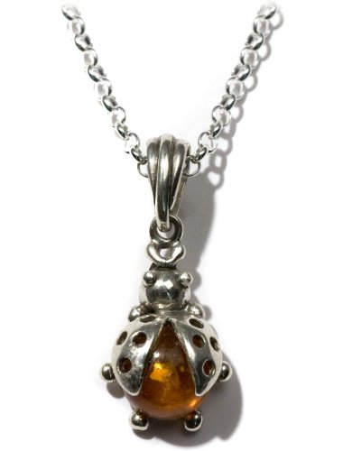 Sterling Silver Honey Amber Ladybug Pendant on Italian Rolo Chain, 18