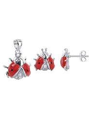 Sterling Silver Red and Black Lady Bug Post Back Findings 8mm x 9mm Stud Earring and 12mm Pendant Jewelry Set
