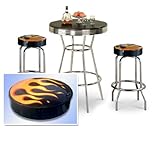 3 Piece Chrome Bar Table Set with 2 Chrome Finish Flame Fire Vinyl Seat Bar ....