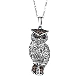 Sterling Silver Diamond, Black Diamond, and Champagne Diamond Owl Pendant 1/5ctw