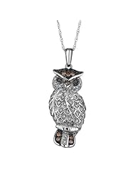 Sterling Silver Diamond, Black Diamond, and Champagne Diamond Owl Pendant 1/5ctw