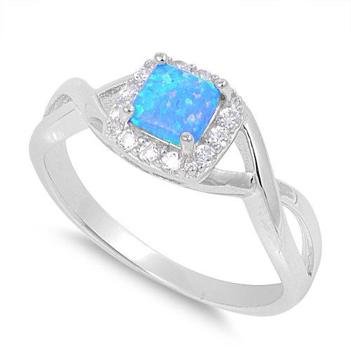 Sterling Silver Twisted Blue Lab Opal & Simulated Diamond Ring (Size 4 - 11)