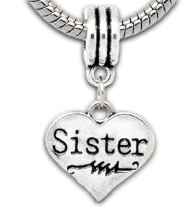 " Sister on Heart Charm Dangle "Antique'd Silver Bead Charm Spacer Pandora Troll Chamilia Biagi Bead Compatible