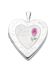 14K White Gold Flower Enamel Engraved Heart "Mom" Locket Pendant (0.8" Inches or 20mm)