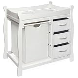 White Sleigh Style Changing Table with Hamper and Three Baskets