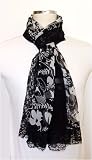 Black/White Floral Print - Silk Long Scarf 20 x 68