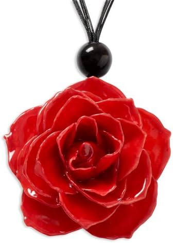 Roses and Leaves Lacquer Dipped Red Rose w/ Black Cotton Cord Necklace