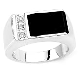 Solid Sterling Silver Cubic Zirconia & Onyx Rhodium Plated Men's Ring