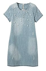 A-line Short Sleeves Illusion Beaded Cocktail Above the Knee Denim Club Dress/Party Dress 