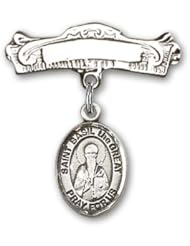 Sterling Silver Baby Badge with St. Basil the Great Charm and Arched Polished Badge Pin