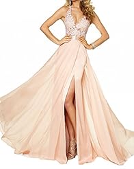 V-neck Halter Chiffon Cocktail Floor Length Applique Lace Evening Dress/Homecoming Dress/Prom Dress 
