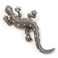 Gro�e "Eidechse" Vintage-Brosche mit Strass im Diamant-Design (Antikes Silber)