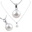 Freshwater Cultured Round Shape 8-8.5mm White Pearl / 18K White Gold Pendant, 16" Sterling Silver 1MM Cable Chain