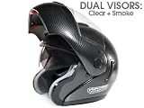 DOT APPROVED - MOTORCYCLE FLIP UP MODULAR HELMET DUAL VISOR (CLEAR & SMOKE) CARBON FIBER SPORT STREET BIKE CRUISER SNOWMOBILE HELMET - LARGE