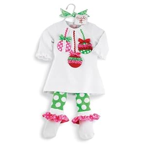 Mud Pie Infant-Toddler Baby Girls Christmas Ornament Tunic with Green & White Polka Dot Leggings