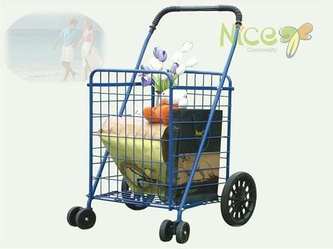 Blue -Folding Shopping Cart Basket- Jumbo Size -solid rubber tires