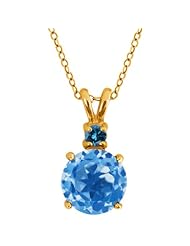 4.30 Ct Round Swiss Blue Topaz and Diamond Gold Plated Silver Pendant 18"